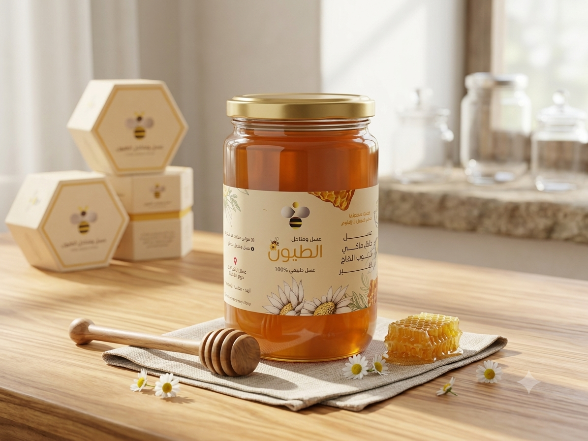 Artisan honeycomb dripping amber honey into a dark glass jar